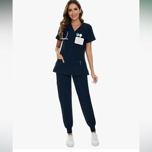 large navy women's cozyfit scrubs set v-neck scrub top & jogger pant